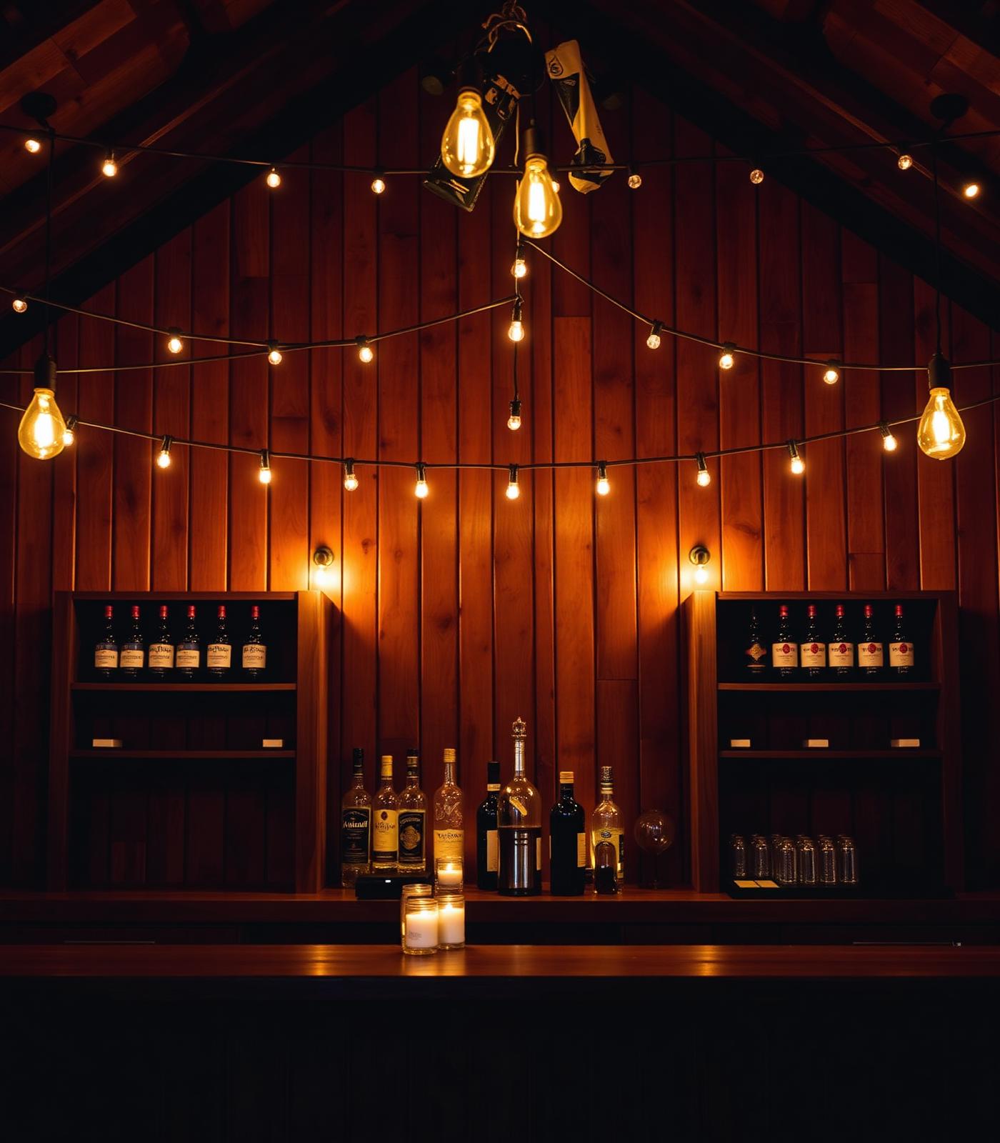 Beleuchtete Holzwand-Bar mit Lichterkette bei einem Abendevent