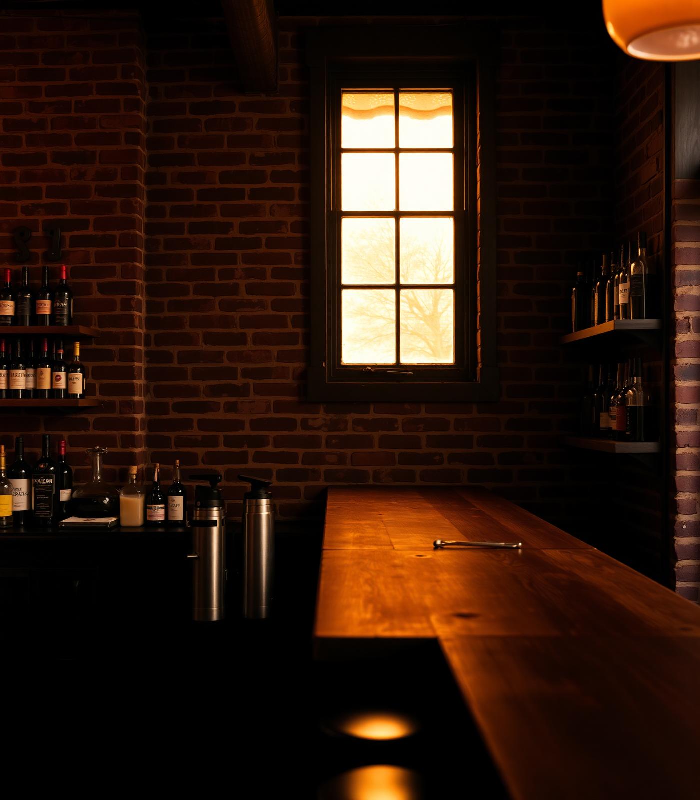 Innenraum der The Oak's Bar in Düsseldorf mit Backsteinwand und Holztheke