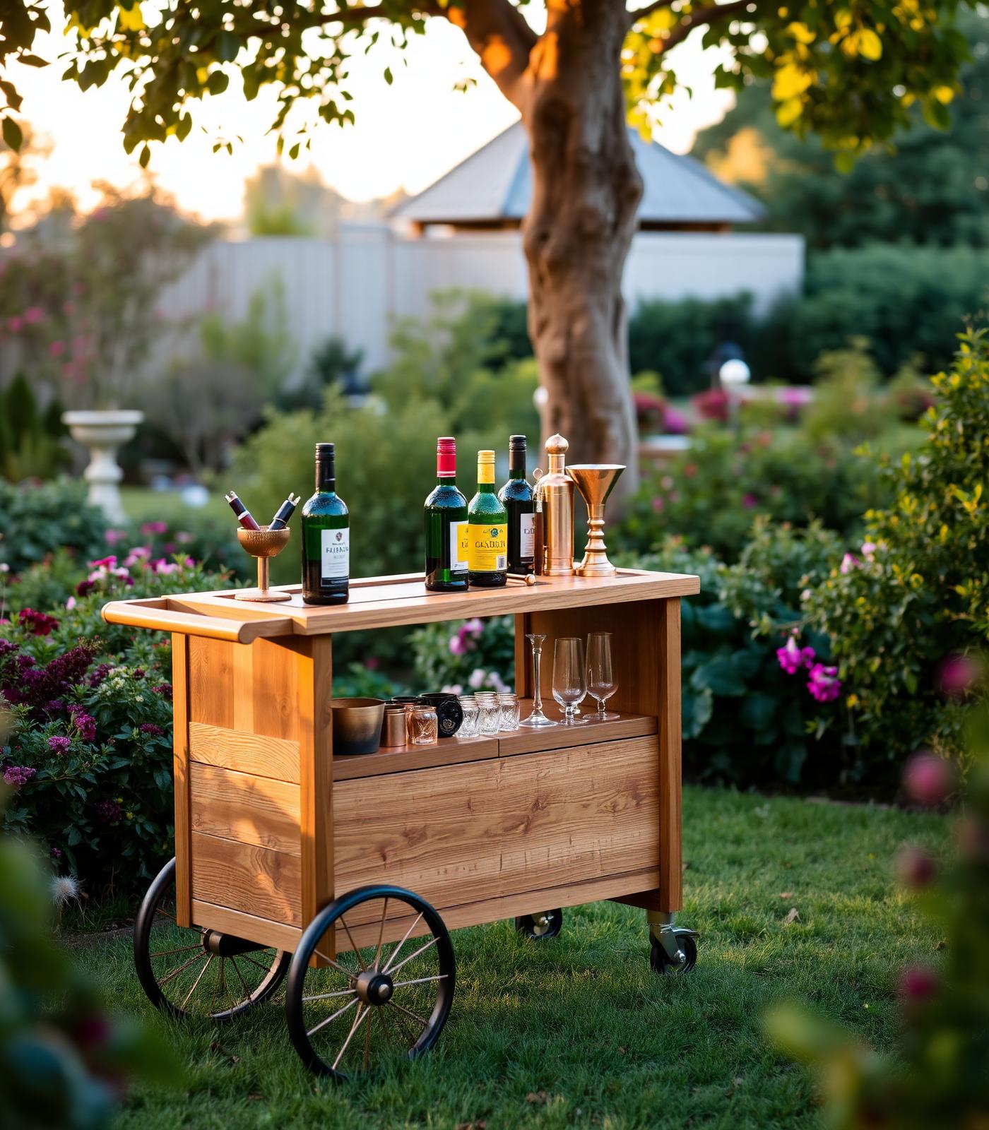 Rolling Cart Bar aus Massivholz im Garten